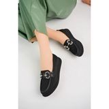 Beyaz (Shoes) Anatomik Tasarım Taşlı Toka Dokuma Oxford Kadın Ayakkabı SİYAH