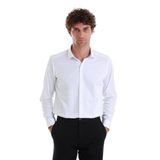 Beyaz Slim Fit Düz 100% Pamuk Açık İtalyan Yaka Uzun Kollu Saten Gömlek