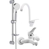 Beyaz Sürgülü 5 Fonksiyonlu Başlıklı Banyo Duş Seti Beyaz Mix Banyo Lavabo Bataryası Seti Garantili
