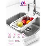 Beyaz Sürgülü Ayarlanabilir Pratik Lavabo Süzgeci, Uzun Kısa Ayarlı Evye, Meyve Sebze Salata Yıkama Süzgüsü
