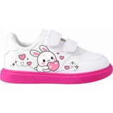 Beyaz Tavşan Pembe Çizgi Kalpler Baskılı Beyaz Pembe Taban Bantlı Çocuk Spor Ayakkabı Sneaker - Beyaz - Fuşya