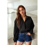 Beyaz Tek Cepli Boyfriend/geniş Kalıp Pamuklu Dokuma Gömlek - XL - Siyah