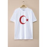 Beyaz Türk Bayrağı Baskılı Bisiklet Yaka Çocuk T-Shirt 20551 - 6 - 7 Yaş