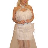 Beyaz Tüylü Abiye Elbise, Halter Yaka, Kristal Taşlı, Tül Detaylı (Beyaz, 38/40)