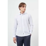 Beyaz Uzun Kol Çizgili Desen Bez Ayağı Sert Yaka Cepsiz %100 Pamuk Classic Slim Fit Gömlek 1004245209