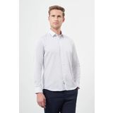 Beyaz Uzun Kol Çizgili Desen Gabardin Sert Yaka Cepsiz Pamuklu Classic Slim Fit Gömlek 1004245205