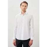 Beyaz Uzun Kol Kendinden Desenli Armürlü Sert Yaka Cepsiz Pamuklu Classic Slim Fit Gömlek 1004245226_600