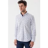Beyaz Uzun Kollu Baskılı Bez Ayağı Cepsiz Garnili Klasik Slim Fit Dar Kesim Gömlek 1004230228