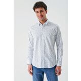 Beyaz Uzun Kollu Baskılı Biritli Yaka Cepsiz Pamuklu Klasik Slim Fit Dar Kesim Gömlek 1004240216