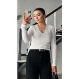 Beyaz V Yaka Dantelli Bluz