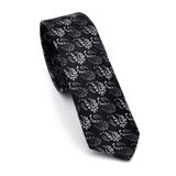 Beyaz Ve Füme Şal Desenli Siyah Dokuma Kumaş Mendilli Slim Fit Kravat // Sdk-240806
