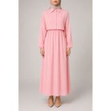 Beyaz Zambak Gömlek Yaka Bağlama Detaylı Elbise - L - XL - Toz Pembe