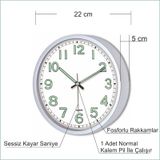 Beyaz Zemin Beyaz Kasa Fosforlu 22 Cm Sessiz Çalışan Duvar Saati