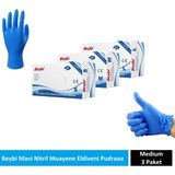 Beybi Mavi Nitril Muayene Eldiveni Pudrasız Medium 3 Paket