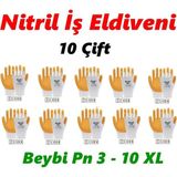 Beybi Nitril iş Eldiveni x 10 Adet (10 Çift) No 10 Beden XL Polyester Ipten Örme Latex Eldiven - Turuncu - Beyaz