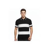 beybunn Erkek T-shirt Çizgili Triko Dokuma Kumaş Polo Yaka Yarım Fermuarlı Regular Kalıp Tişört - Siyah