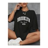 beybunn Kadın Brooklyn Harf Baskılı T-shirt, Rahat Kısa Kollu Bol T-shirt, Kadın Giyim - Siyah