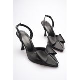 beybunn Kadın Siyah Fiyonklu Saten Slingback Topuklu Ayakkabı TR40MS01A