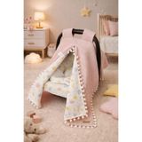 BeygeBaby Çift Katlı Pembe Pike ve Bulut Desenli Müslin Çift Yönlü Puset Örtüsü,Minderi ve Çarşafı (3LÜ SET)