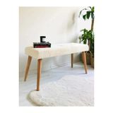 Beylerbeyi Ahşap Ayaklı Handmade Geniş Oturum Alanlı Krem Welsoft Kumaş Pofidik Puf Bench ,Ayak Ucu Uzatmalık