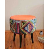 Beylerbeyi Retro Gürgen Ahşap Ayaklı Dekoratif Etnik Üst Kiremit Desenli Silindir Puf Bench Dekoratif Ahşap Puf Rustik Bench - Turuncu - Siyah