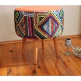 Beylerbeyi Retro Gürgen Ahşap Ayaklı Dekoratif Etnik Üst Kiremit Desenli Silindir Puf Bench Dekoratif Ahşap Puf Rustik Bench - Turuncu