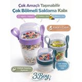 Beylini 3 lü Set Taşınabilir Kaşık+Çatal Kapaklı Yoğurt Müsli Granola Yemek Diyet Saklama Kabı Take and Go Bardak Kahvaltı Salata Hazırla Çık