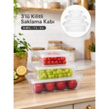 Beylini 3'lü Kilitli Saklama Kabı İç Dış Kullanım 0.40 | 1 | 2 Litre Yer Kaplamaz Dikdörtgen Erzak Meyve Yiyecek Salata Saklama Kutusu