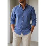 Beyome Erkek Çizgili Slim Fit Gömlek Uzun Kollu Pamuklu Klasik Şık Gömlek - Lacivert