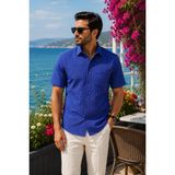 Beyome Erkek Kareli Kısa Kollu Gömlek %100 Pamuk Rahat Kalıp Yazlık Cepli S-Xxl - 2XL - Mavi