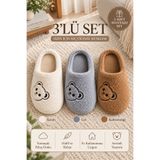 Beyond 3’lü Kahve - Krem - Gri Ayıcık Detaylı Tüylü Peluş Ev Terliği Seti BYNDAY01