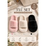 Beyond 3’lü Pudra - Krem - Siyah Ekstra Yumuşak Tüylü 3 Cm Tabanlı Peluş Ev Terliği Seti BYNDSET01