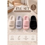 Beyond 4’lü Krem - Gri - Pudra - Siyah Ekstra Yumuşak Tüylü 3 Cm Tabanlı Peluş Ev Terliği Seti BYND01