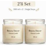 Beyra Decor 2’li Doğal Soya Mum 300 ml x 2 – Cam Kavanoz Bardak Mum Seti | Ev Dekor & Hediye - Beyaz