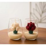 Beyra Decor Kırmızı Beyaz Lale Mum İkili Set - Cam Bardakta Dekoratif Çiçek Mum Tasarım Doğum Günü Söz Nişan Hediyelik - Beyaz - Kırmızı