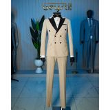 Beystil Erkek Krem Saten Yakalı Kruvaze Damatlık ve Smokin Takım - Slim Fit - 6 Drop - 56