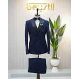 Beystil Erkek Lacivert Saten Yakalı Kruvaze Damatlık ve Smokin Takım - Slim Fit - 6 Drop - 48