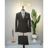 Beystil Sivri Yaka Kahverengi Çizgili Kruvaze Takım Elbise Bezayak - Slim Fit - 56
