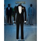Beystil Siyah Şal Yaka Üzerine Sivri Yaka Yelekli Damatlık & Smokin Takımı 10001 - Slim Fit - 6 Drop - 58