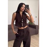 BEYUSİRA Kadın Şık Yelek Pantolon İkili Takım * Gold Düğmeli Crop Yelek Palazzo Takım