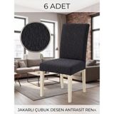 Beyvetçe (6 Adet) Jakarli Çubuk Desen Likrali Kumaş Sandalye Örtüsü, Lastikli, Esnekli ,kaliteli Sandalye Kılıfı - 44 x 55 cm - Antrasit - Füme