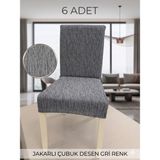 Beyvetçe (6 Adet) Jakarli Çubuk Desen Likrali Kumaş Sandalye Örtüsü, Lastikli, Esnekli ,kaliteli Sandalye Kılıfı - 44 x 55 cm - Gri
