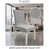 Beyvetçe (6 Adet) Jakarli Çubuk Desen Likrali Kumaş Sandalye Örtüsü, Lastikli, Esnekli ,kaliteli Sandalye Kılıfı - 44 x 55 cm - Taş - Gri