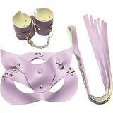 Bezos Fantezi Deri Seksi Lila Kedi Maske Kelepçe Kırbaç Seti ( 3lü Set)