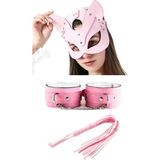 Bezos Fantezi Deri Seksi Pembe Kedi Maske Kelepçe Kırbaç Seti ( 3lü Set)