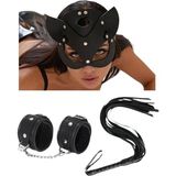Bezos Fantezi Deri Seksi Siyah Kedi Maske Kelepçe Kırbaç Seti ( 3lü Set)