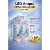 Bezos LED Ampul 10 Watt Beyaz Işık 6500K Yüksek Aydınlatma E27 Duy Enerji Tasarruflu 12 Adet - 1 - 10 W
