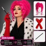 Bezos Neon Bukleli Pembe Peruk Uzun Kumaş Kırmızı Eldiven ve Sigara Tutucu Seti (3 Parça) BZZBZ01BBE5CA131336AE0B