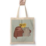 Bff Sloth And Cat Kedi Bez Çanta Uzun Saplı - Açık Bej - 40 X 40