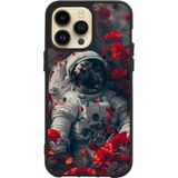 BG AKSESUAR iPhone 16 Pro Max ile Uyumlu Siyah Silikon Kılıf, Baskılı, Astronot ve Çiçek Deseni